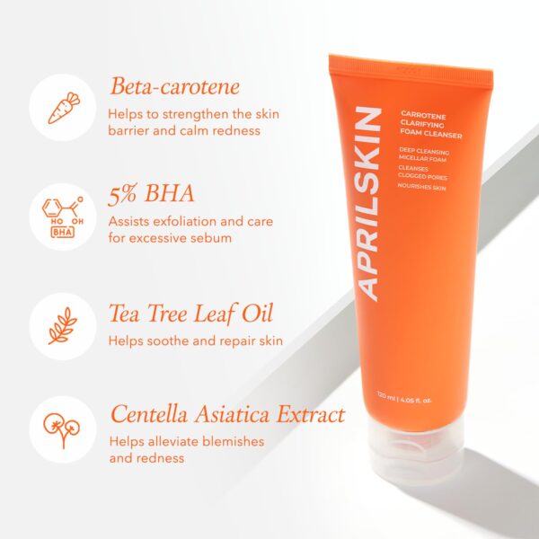 Aprilskin Carrotene Clarifying Foam Cleanser - Deep Cleansing with BHAs & Sebum Control for Oily, Sensitive, Acne-Prone Skin - 120ml - Vegan, Cruelty Free - Image 2