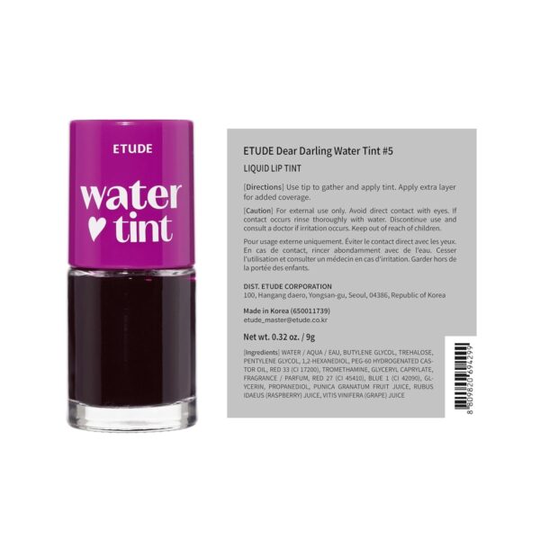 ETUDE Dear Darling Water Tint - Grape Ade (9g) | Vivid Color Lip Stain with Moisturizing Weightless & Non-sticky Finish Lip Stain | Smudge-proof Lip Tint | Korean Makeup, Kbeauty - Image 2
