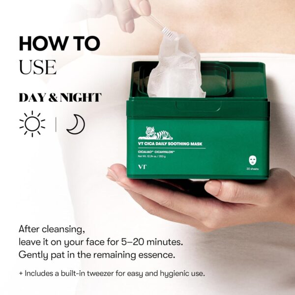VT COSMETICS CICA Daily Soothing Mask 30 Sheets, Centella Asiatica & Hyaluronic Acid for Moisturizing & Hydrating, Instant Calm & Glow, Skin Softening Facial Mask, Korean Face Mask - Image 5