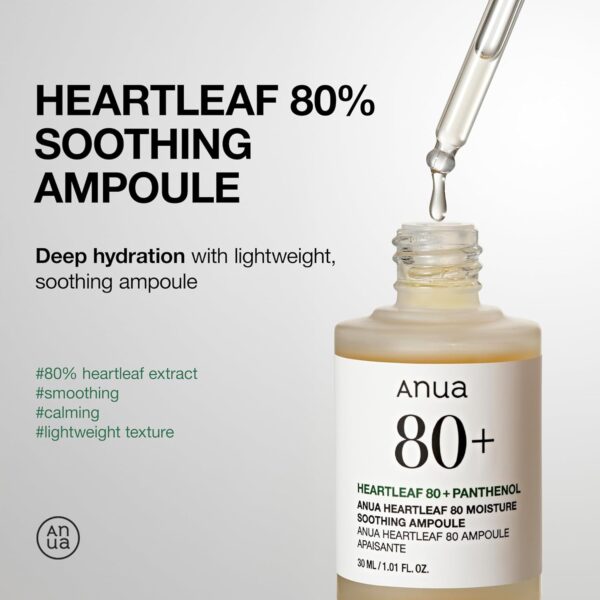 Anua Heartleaf 80 Soothing Ampoule, Hydration Facial Serum for Glass Skin, Panthenol, Hyaluronic Acid, Non-Greasy, Gentle Formula, Lightweight Essence, Vegan, Korean Skin Care, 30ml/1.01 fl.oz - Image 3