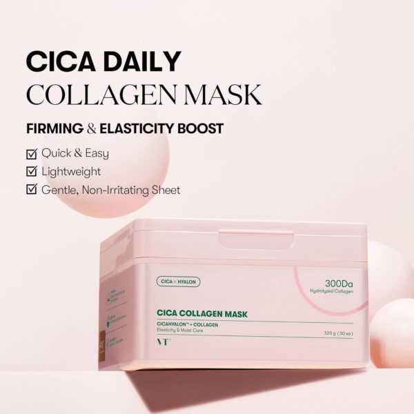VT COSMETICS CICA Collagen Daily Mask 30 Sheets, 300Da Low Molecular Collagen for Skin Elasticity, Hydrating & Firming, Pink Collagen Essence, Korean Face Mask - Image 2