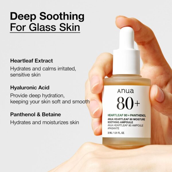 Anua Heartleaf 80 Soothing Ampoule, Hydration Facial Serum for Glass Skin, Panthenol, Hyaluronic Acid, Non-Greasy, Gentle Formula, Lightweight Essence, Vegan, Korean Skin Care, 30ml/1.01 fl.oz - Image 4