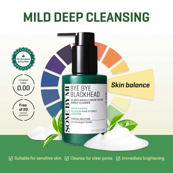 SOME BY MI Bye Bye Blackhead 30 Days Miracle Green Tea Tox Bubble Cleanser – 4.23oz, 120g – Korean Face Wash & Bubble Face Mask – Daily Blackhead-Removing Pore Minimizer for Face – Korean Skin Care - Image 6