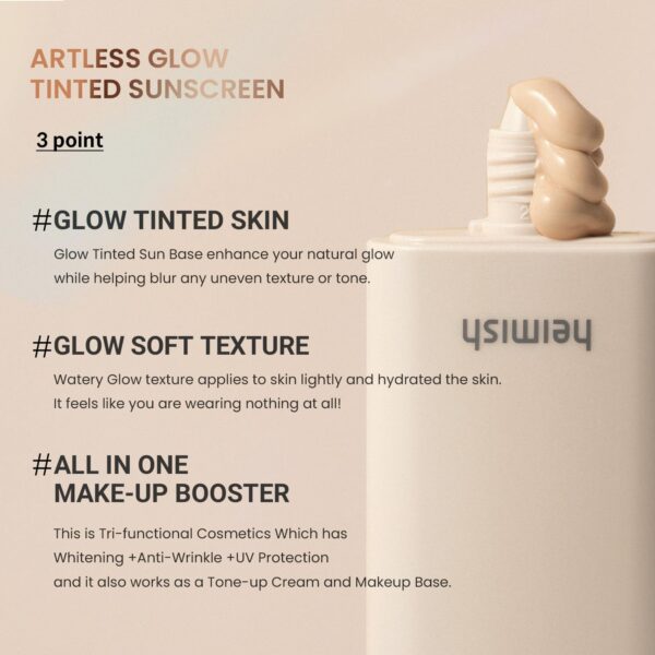 HEIMISH Artless Glow Tinted Sunscreen, Multipurpose Makeup Base, Primer, Highlighter, Lightweight, Non-greasy, Hydrating, Natural Finish with SPF 50+ PA+++, 1.4fl.oz/40ml, Shine Beige - Image 3