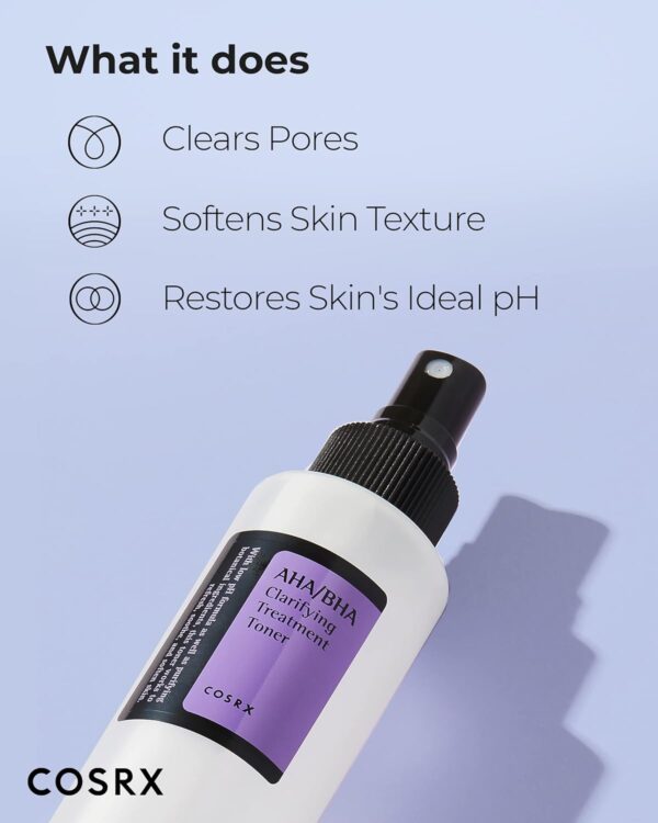 COSRX AHA/BHA Treatment Toner 5.07 fl.oz/ 150ml, Facial Exfoliating Spray for Whiteheads, Pores, & Uneven Skin, Korean Toner, Not Tested on Animals, No Parabens, No Sulfates, Korean Skin Care - Image 3