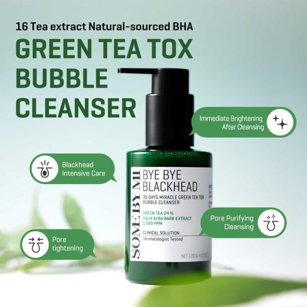 SOME BY MI Bye Bye Blackhead 30 Days Miracle Green Tea Tox Bubble Cleanser – 4.23oz, 120g – Korean Face Wash & Bubble Face Mask – Daily Blackhead-Removing Pore Minimizer for Face – Korean Skin Care - Image 2