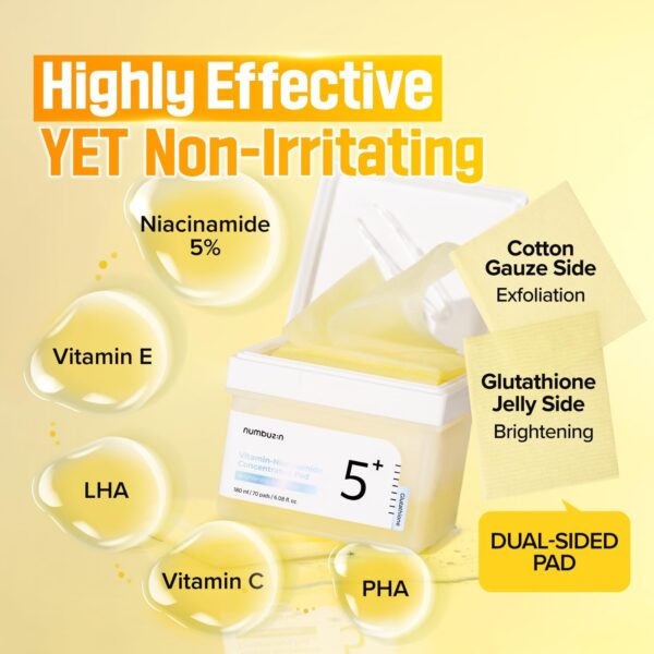 numbuzin No.5 Toner Pads | Vitamin-Niacinamide Concentrated Pad | Double-Sided | Glutathione, Niacinamide, PHA & LHA | Exfoliation, Hyperpigmentation Care | 70 Pads/180 ml - Image 6