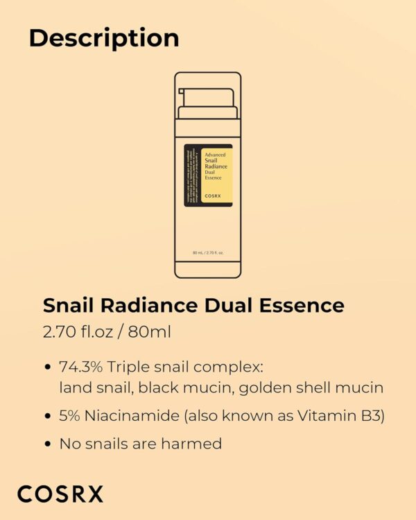 COSRX Niacinamide 5% + Snail Mucin 74% Dual Essence, Anti Aging Face Serum for Dull Skin, Mothers day gifts for mom, Sensitive Skin, Not Tested on Animals, Korean Skin Care, 2.70 fl.oz / 80ml - Image 6