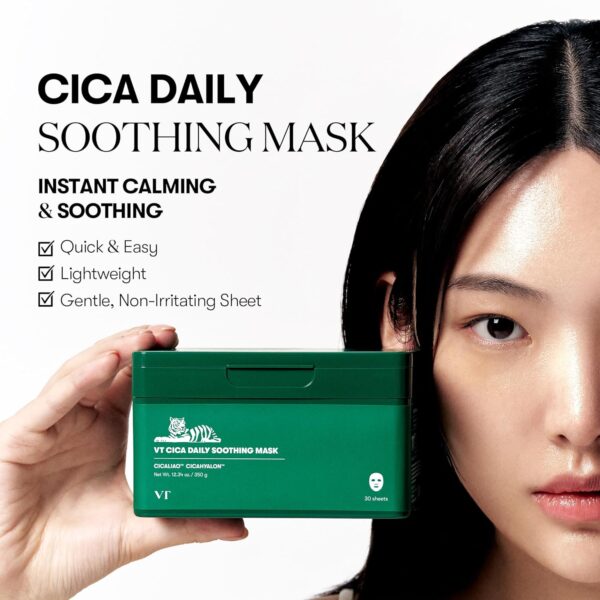 VT COSMETICS CICA Daily Soothing Mask 30 Sheets, Centella Asiatica & Hyaluronic Acid for Moisturizing & Hydrating, Instant Calm & Glow, Skin Softening Facial Mask, Korean Face Mask - Image 2